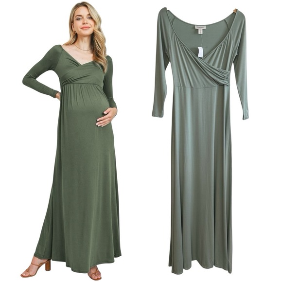 Motherhood Maternity Cross Front‎ Mint Green Long Sleeve Maxi Dress Size S #399 - Picture 1 of 11